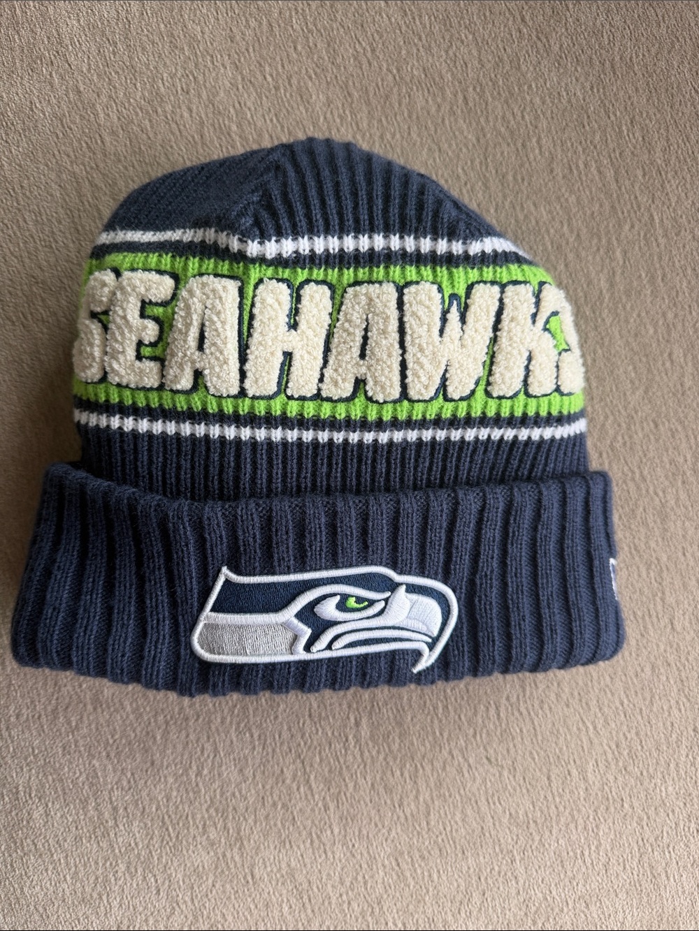 NEW ERA Seattle Seahawks Navy Beanie with Neon Green Stripe